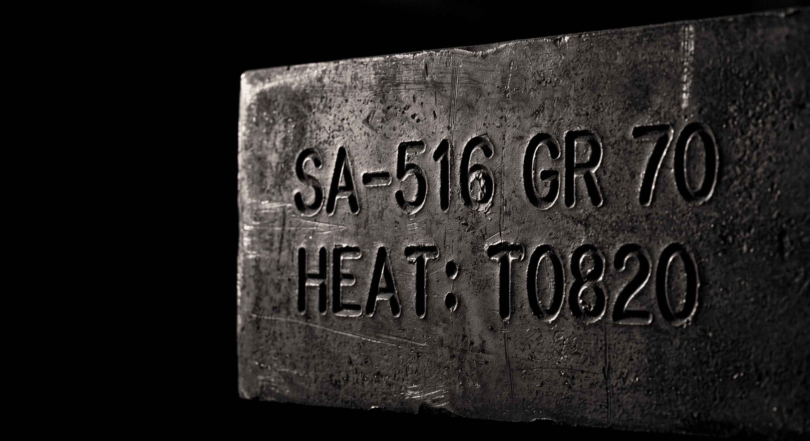 Macro view of a stamped steel plate showing material heat identification
