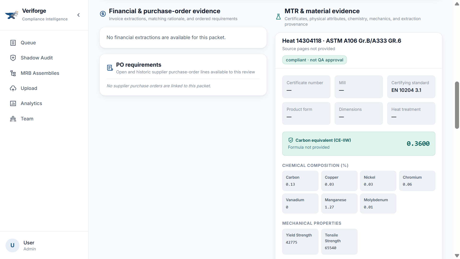 Material test report evidence values in Veriforge.